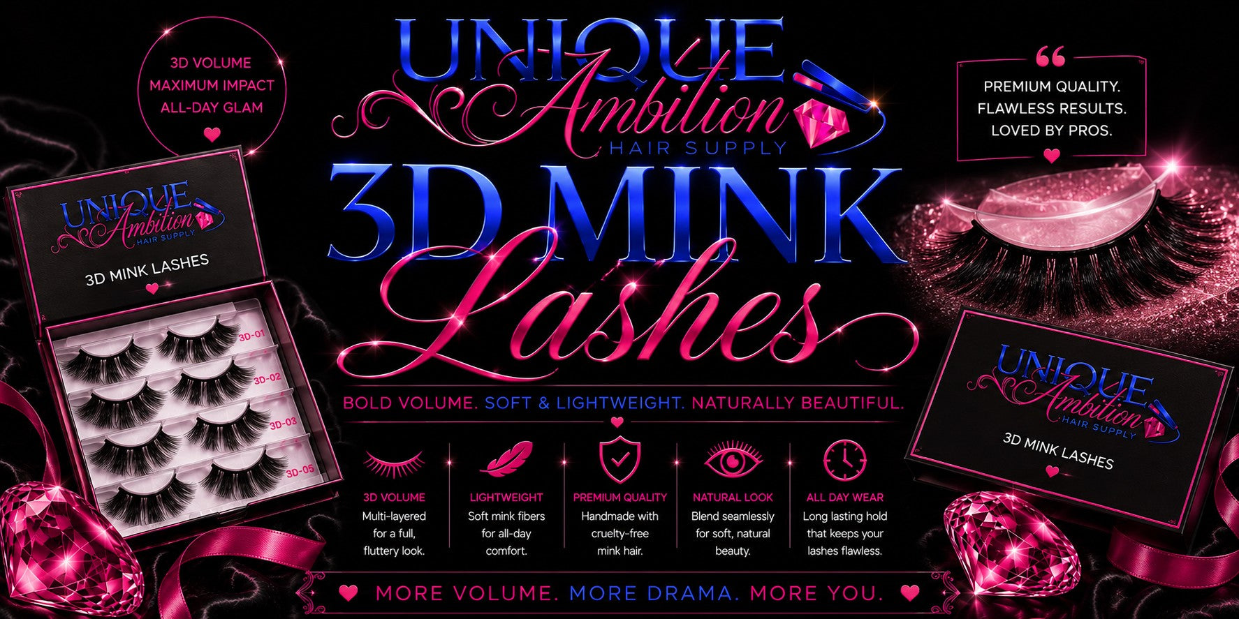 Luxe 3D Mink Lashes packaging with a tray of five lash strips in pink and black design.