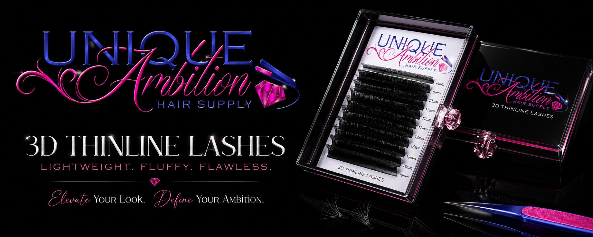 3D Thinline Lashes kit by Unique Ambition Hair Supply in a clear pink-accented display case.