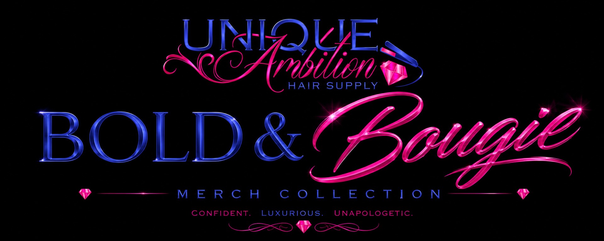 Bold & Bougie Merch neon logo in blue and pink on black with diamond accents, merch collection.
