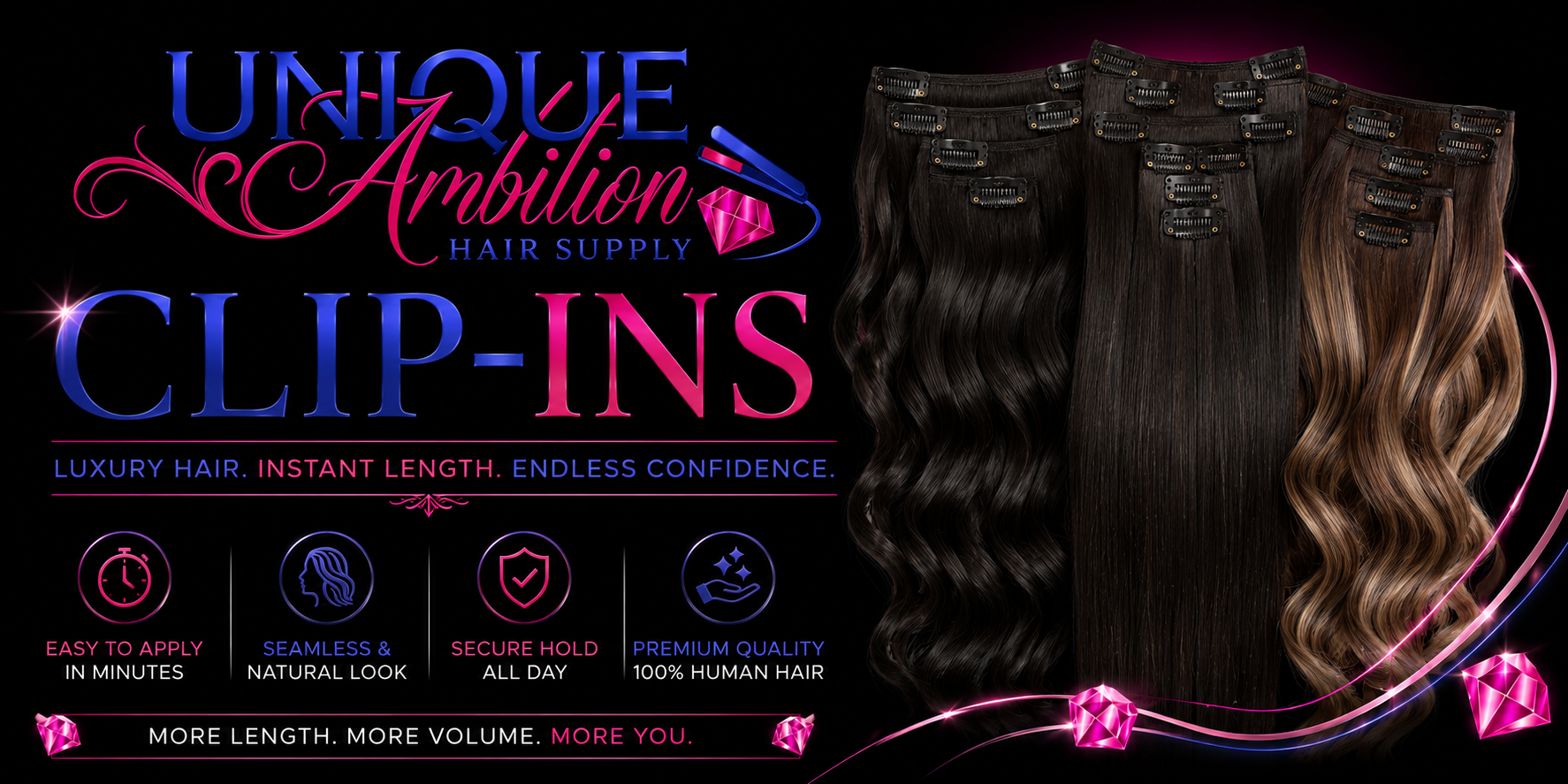 Clip-In hair extensions add instant length and volume for glam looks, showcased by mirrored models.
