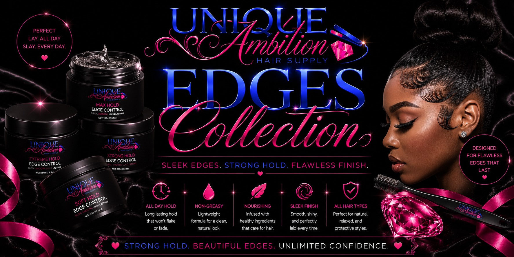Edges Collection edge control jars with a model displaying sleek, glossy edges.