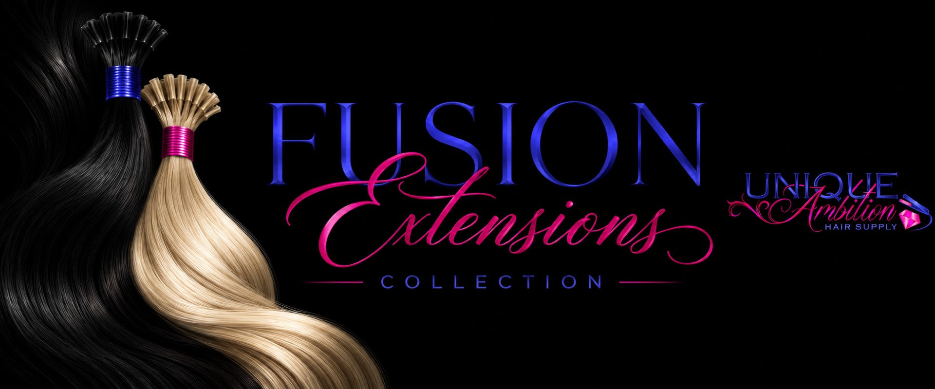 Fusion Extensions collection banner showing black and blonde hair bundles with blue and pink bindings.