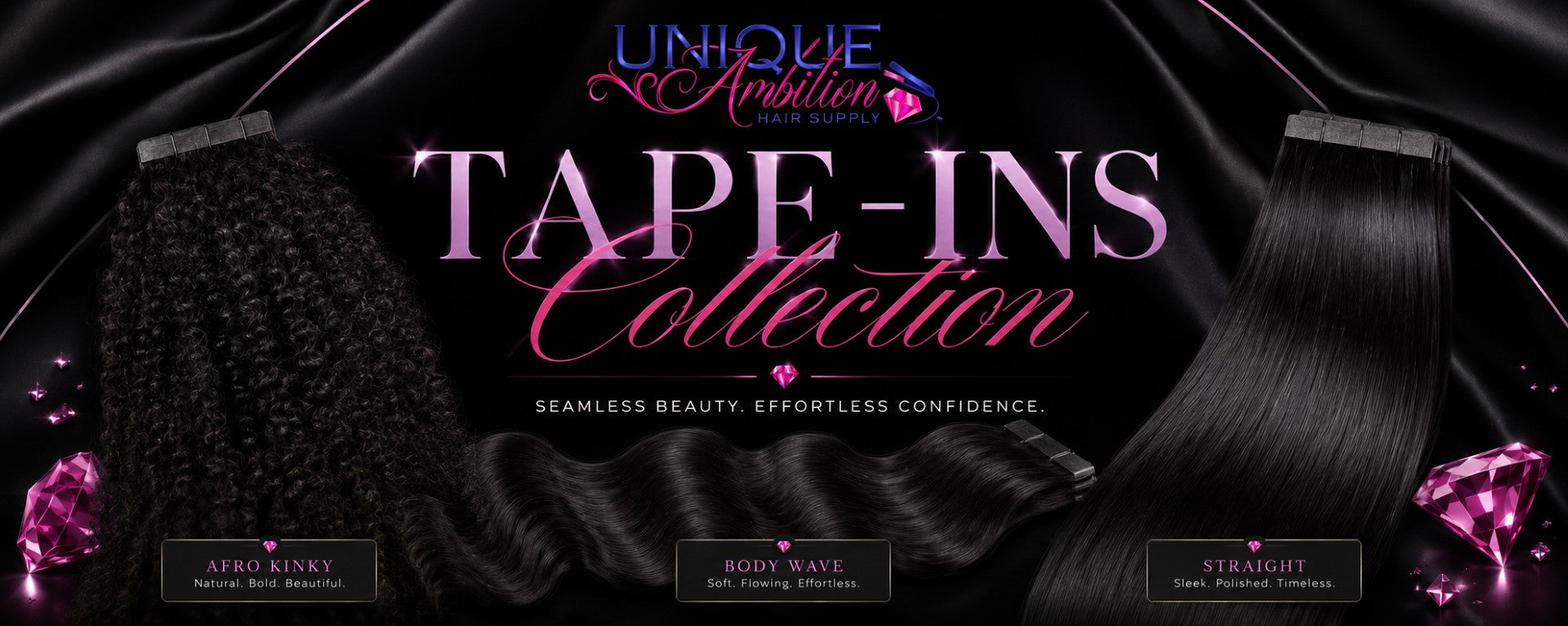 Tape-In Hair Extensions collection with Afro Kinky, Body Wave, and Straight textures for seamless, secure application.