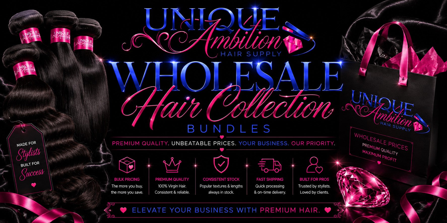 Luxury Bundle Wholesale hair bundles from Unique Ambition Hair Supply, with glossy black strands and pink accents.